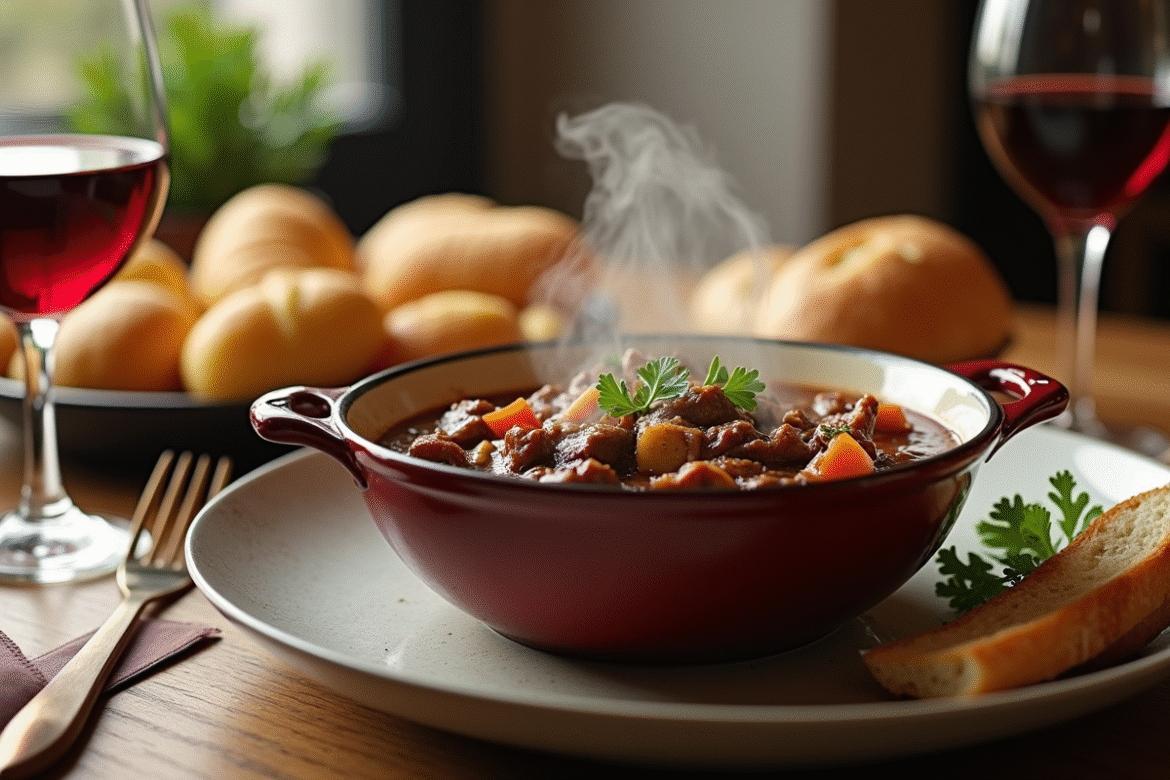 Table élégante avec un bourguignon fumant et pain frais