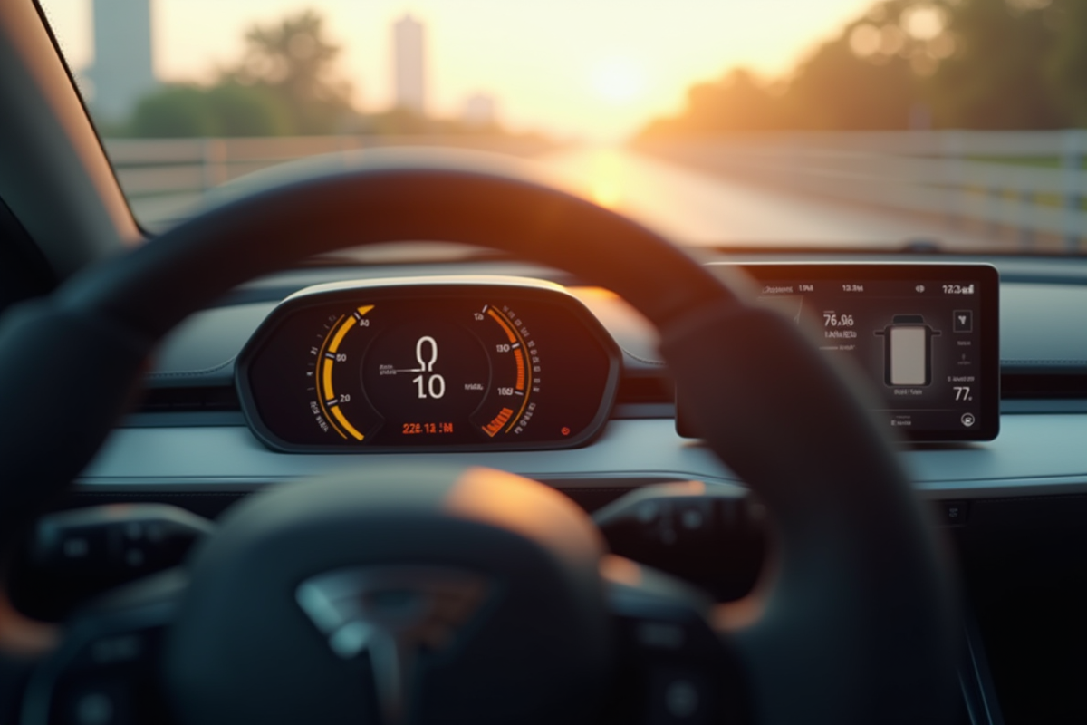 Tableau de bord numérique affichant l autonomie de la voiture électrique