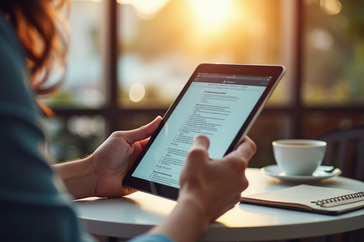 Mains utilisant une tablette dans un café lumineux