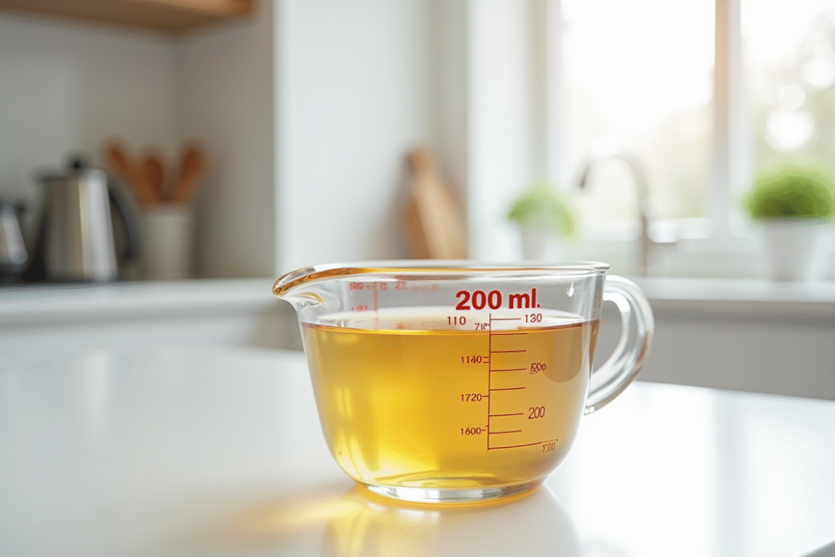 Verre mesure 200 ml sur plan de travail blanc lumineux