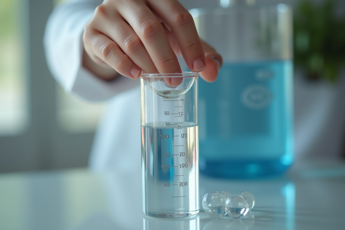 Main versant eau dans cylindre gradué avec fond flou