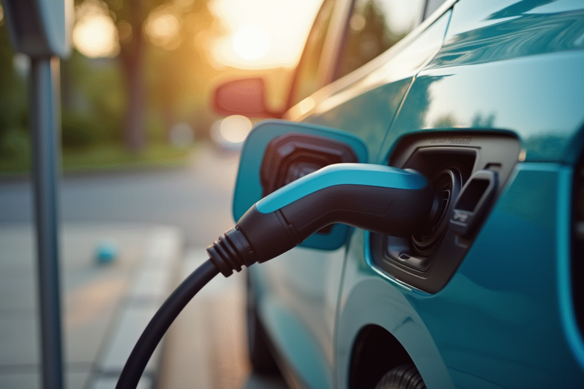 Voiture électrique branchée à une station de charge en plein jour