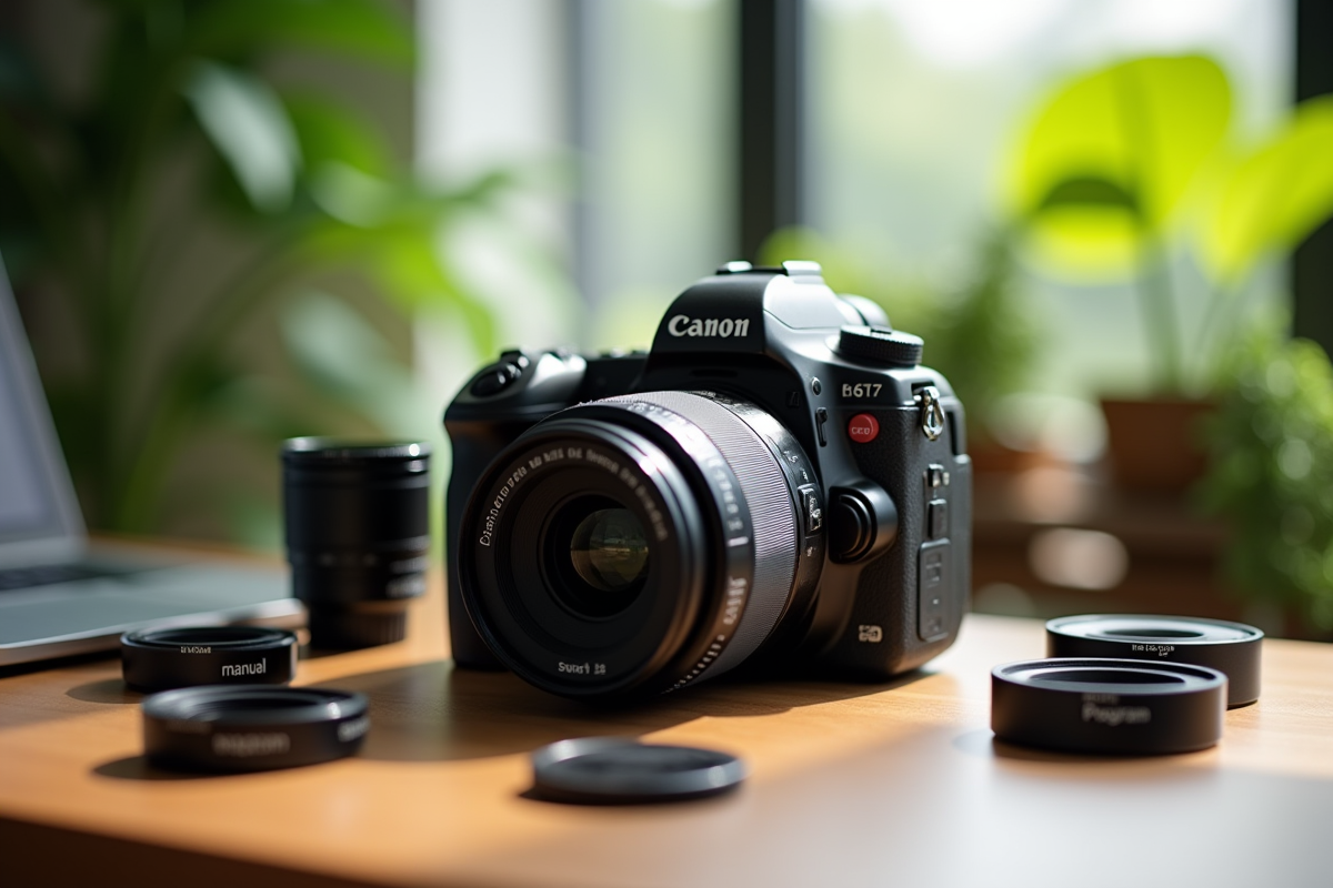 Appareil photo reflex avec accessoires dans un espace lumineux et verdoyant