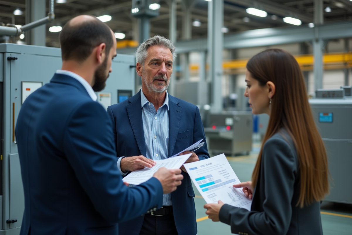 Auditeur discutant des progrès ISO dans un atelier industriel