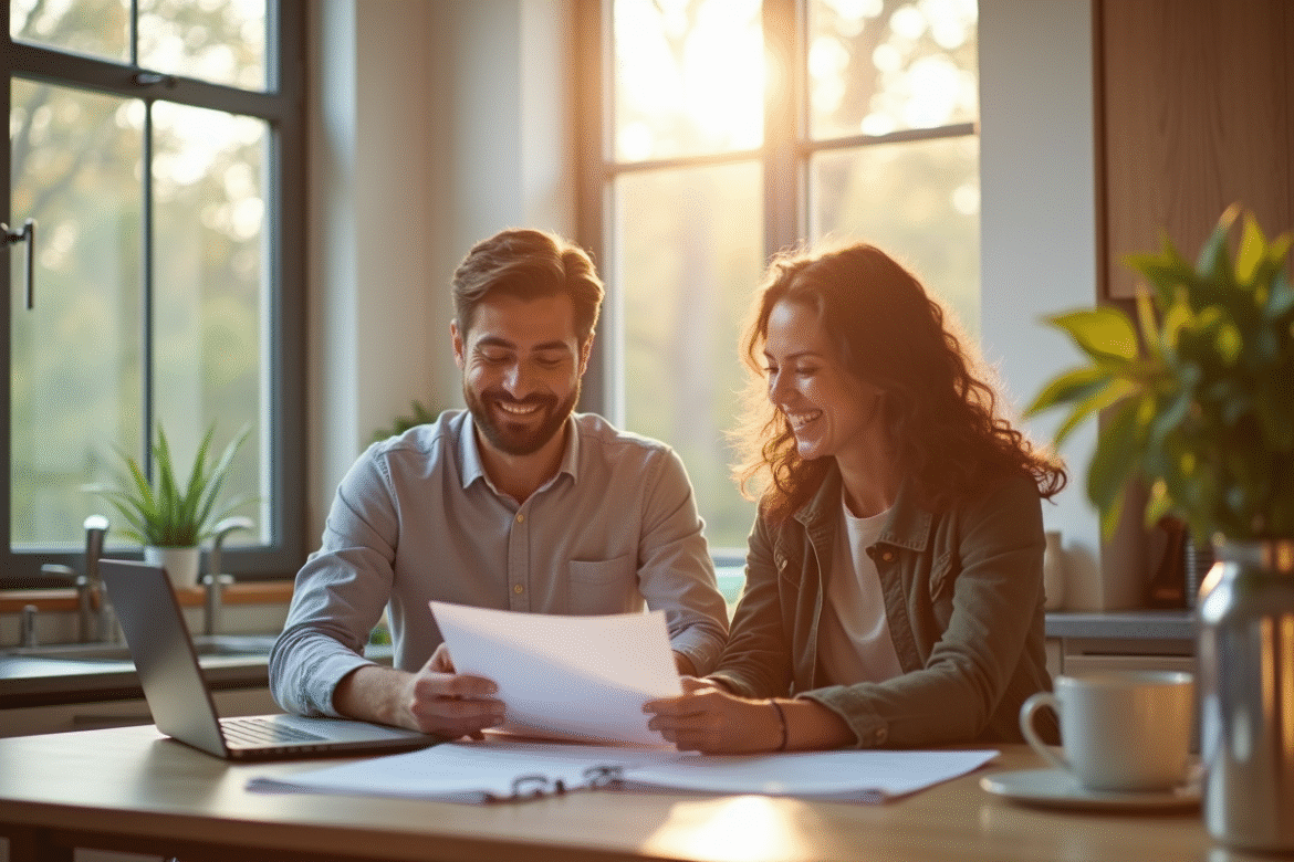Couple heureux discutant de leur prêt immobilier au matin