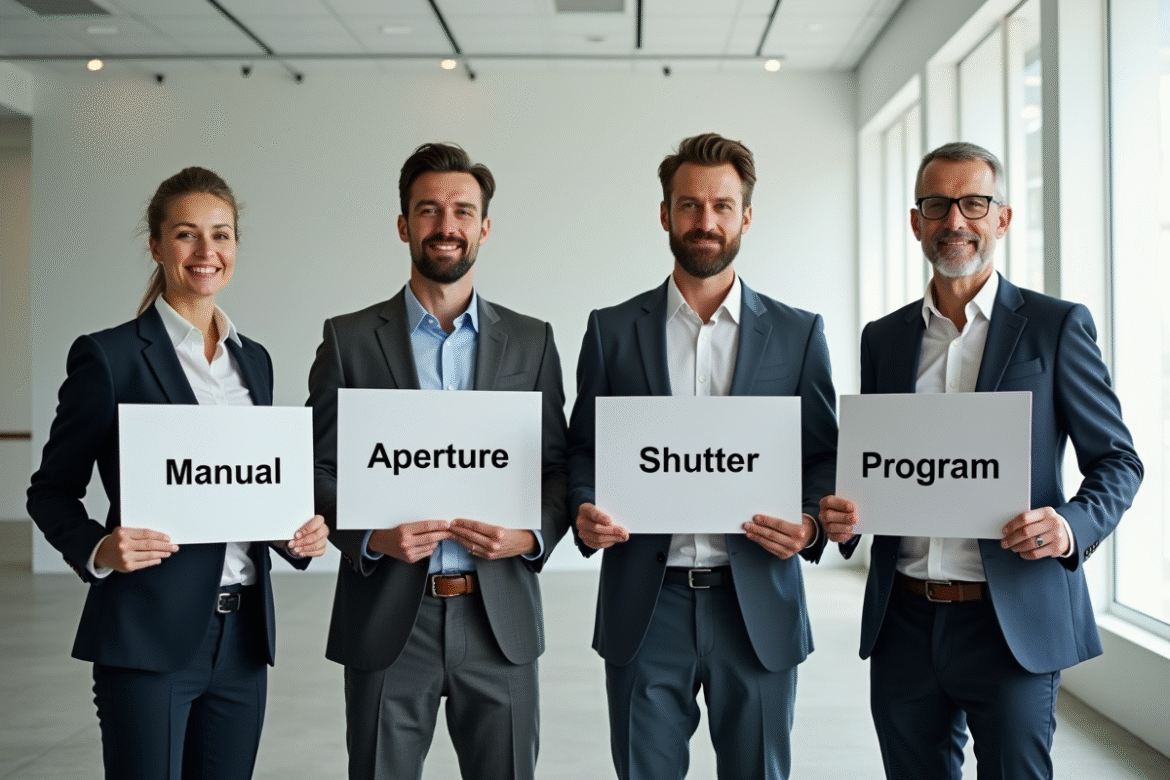 Groupe de personnes habillées élégamment avec panneaux sur le thème de la photographie