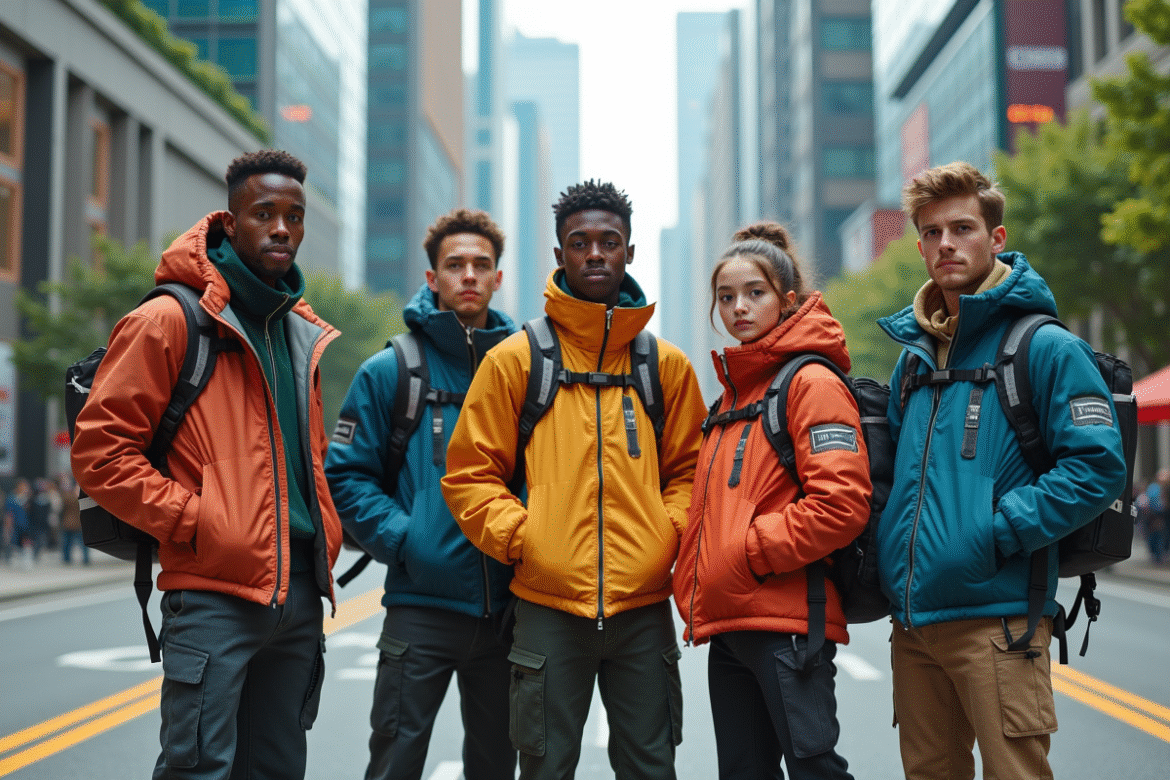 Groupe de jeunes adultes en mode futuriste dans une ville de 2044
