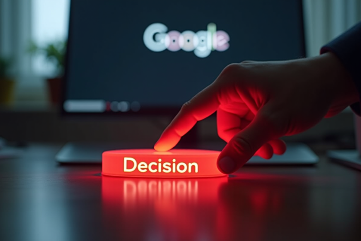 Main pressant un bouton rouge decision sur un bureau hightech