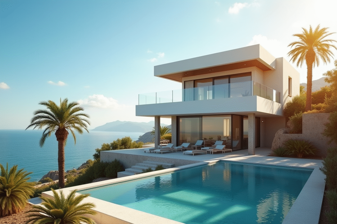 Villa espagnole moderne avec panneau a vendre face a la mer