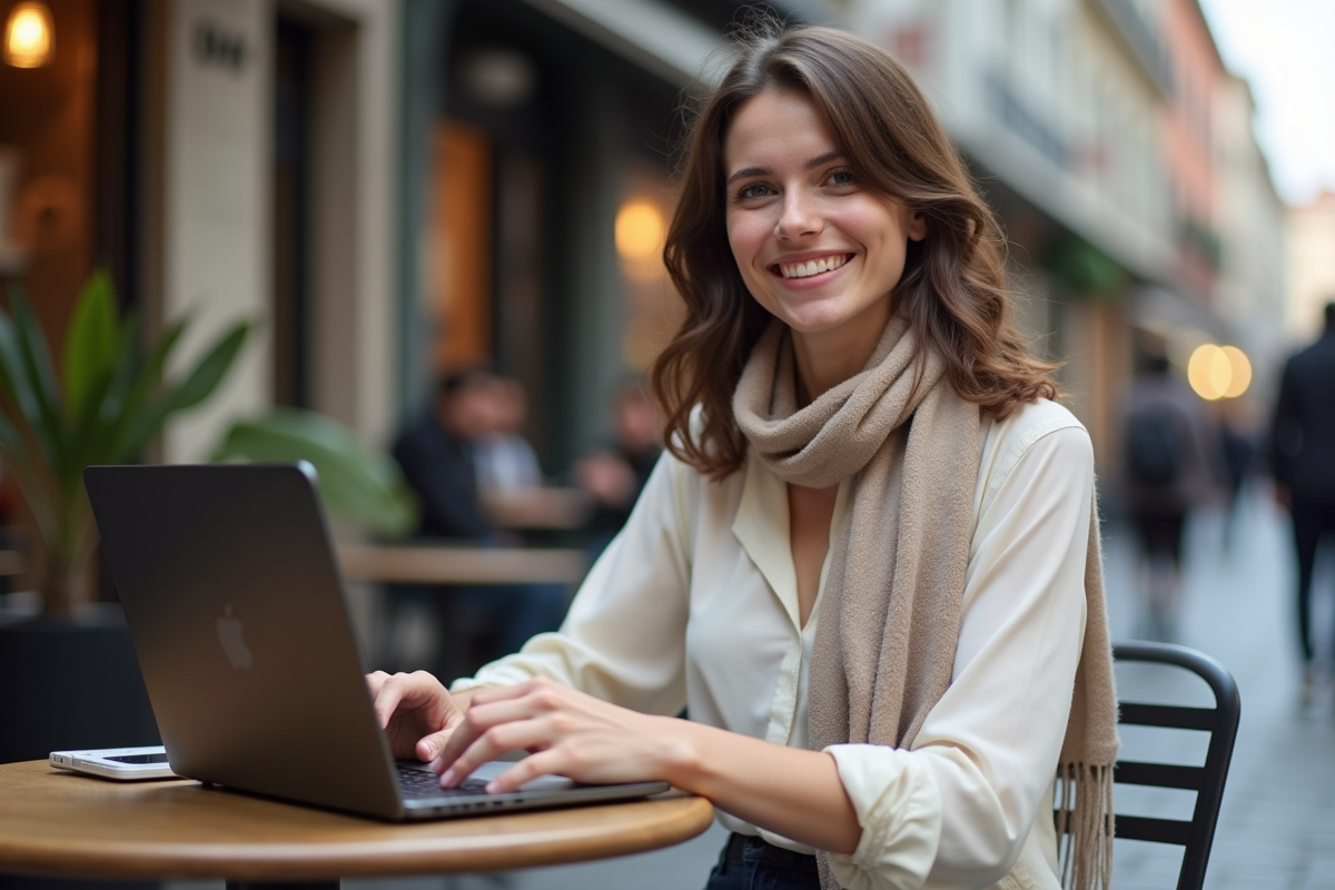 Femme assise à un café en ville avec son ordinateur portable