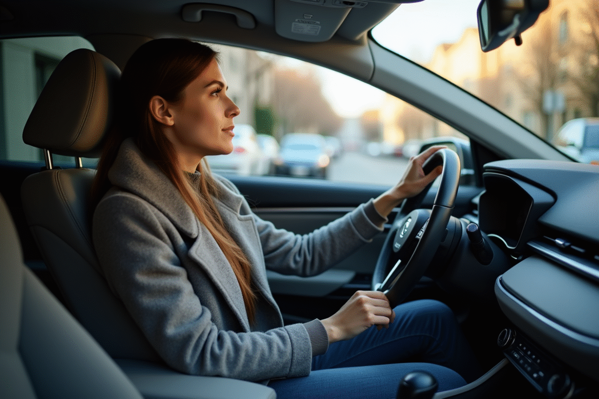 Femme dans sa voiture hybride examine le levier de vitesse