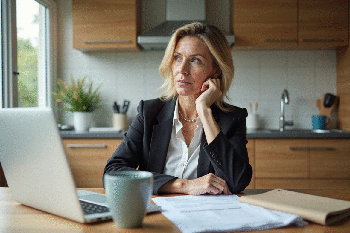 Femme réfléchissant à un achat immobilier dans sa cuisine