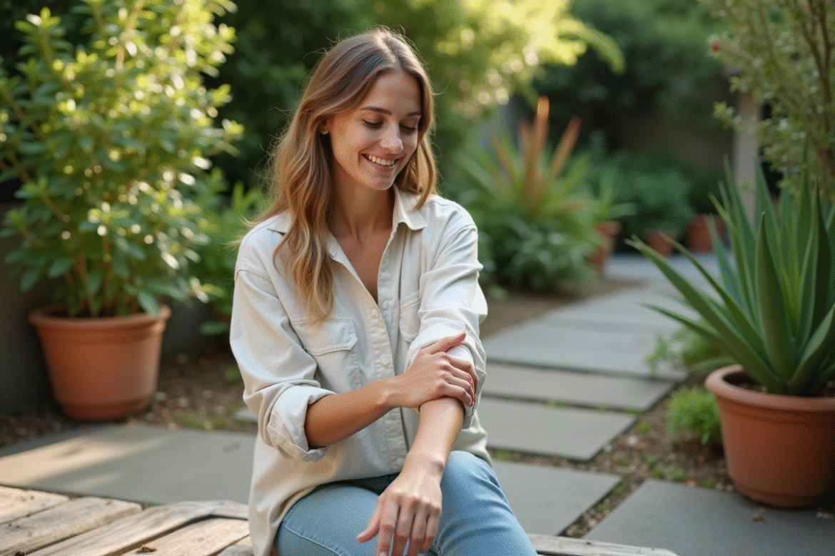 Femme appliquant gel d'aloé vera dans un jardin naturel