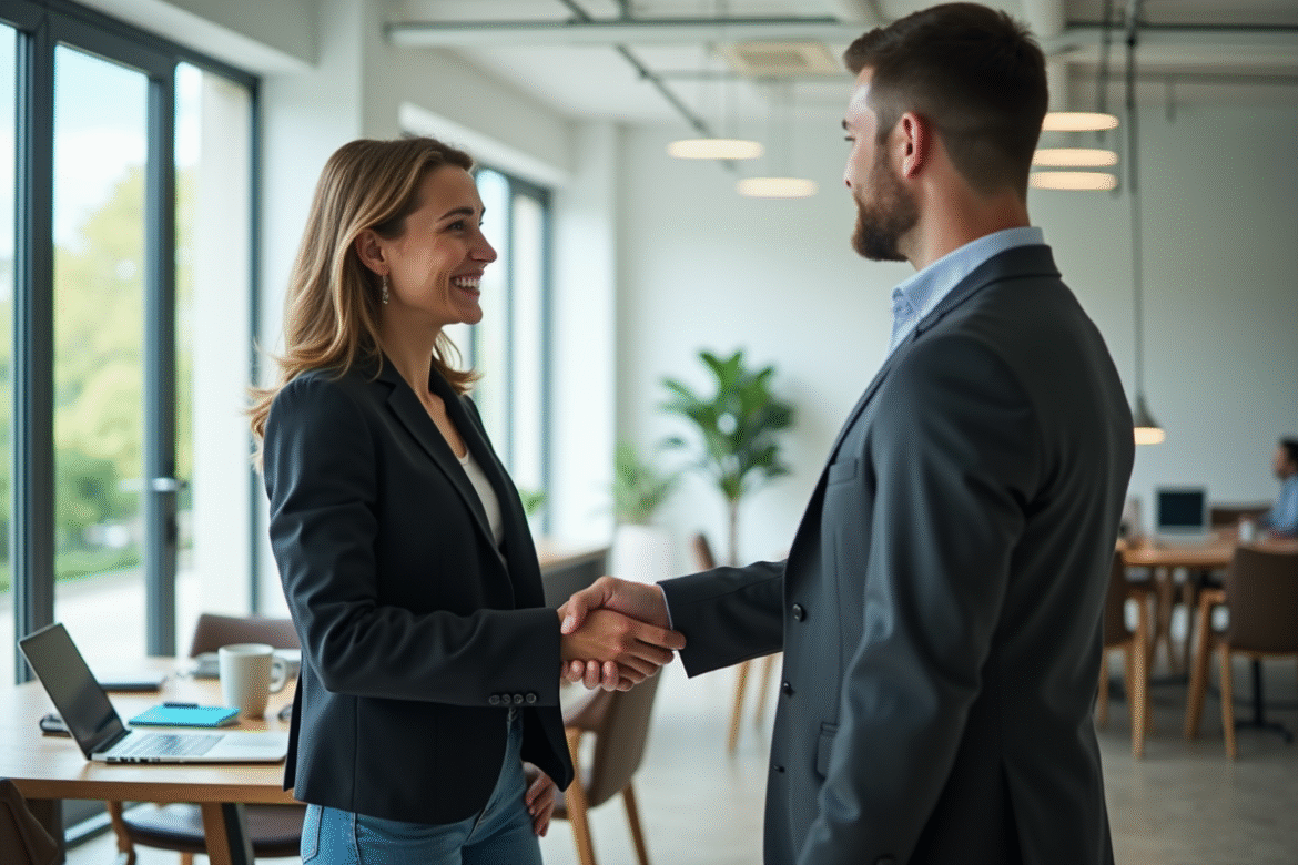 Femme professionnelle souriante serrant la main d'un homme en bureau