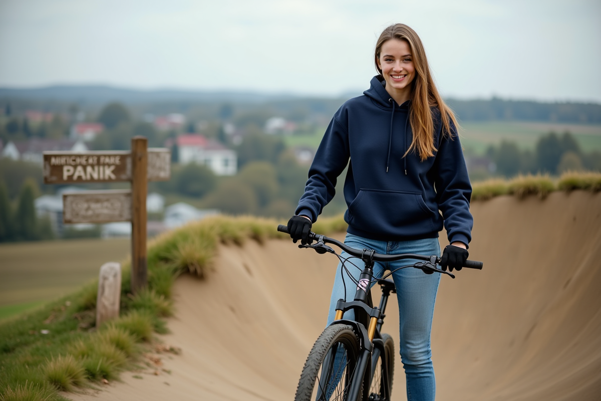 Jeune femme en VTT posant sur une rampe en plein air