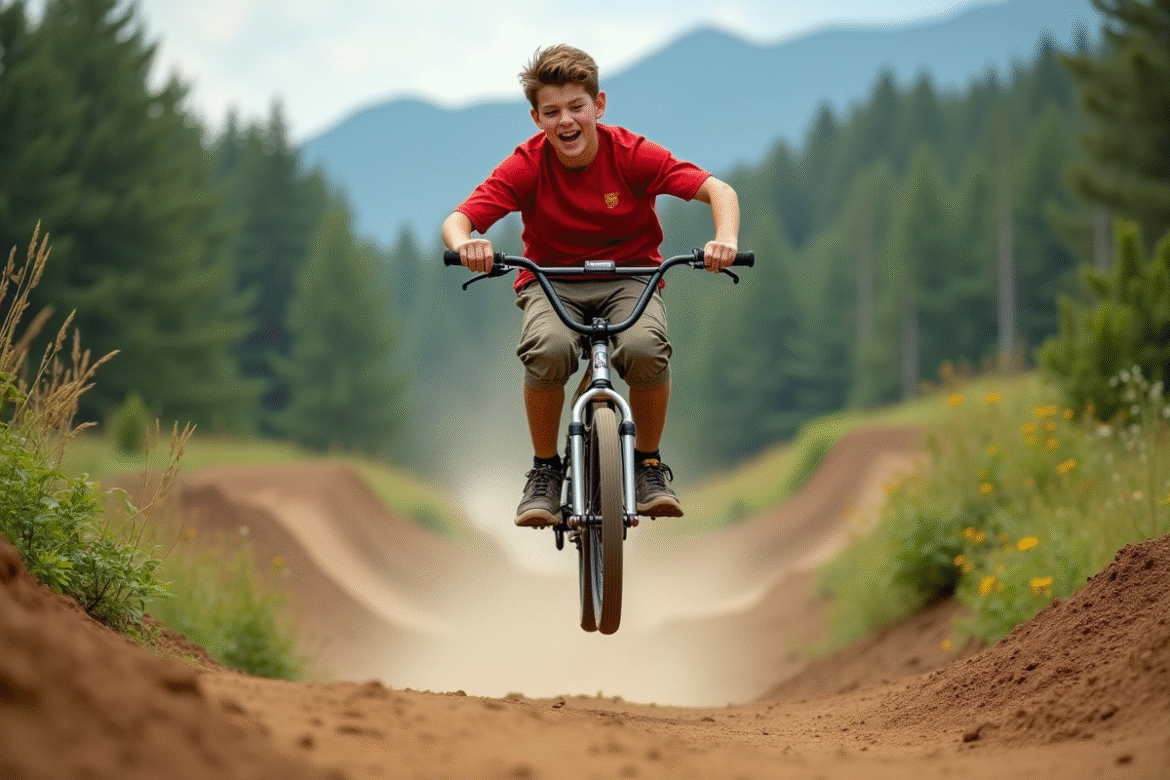 Jeune garçon en BMX sautant dans la nature verte