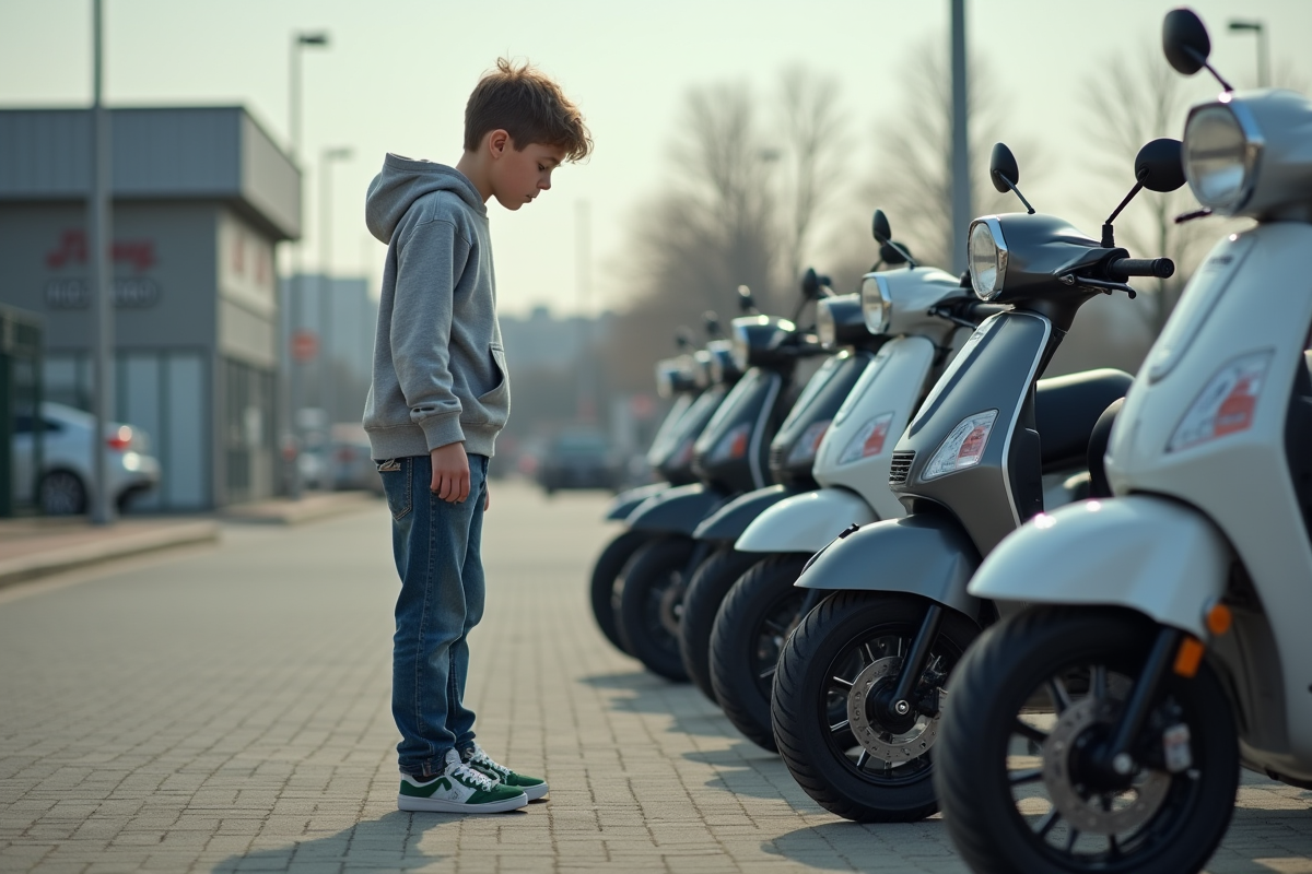 Garçon examine scooters lors d un essai