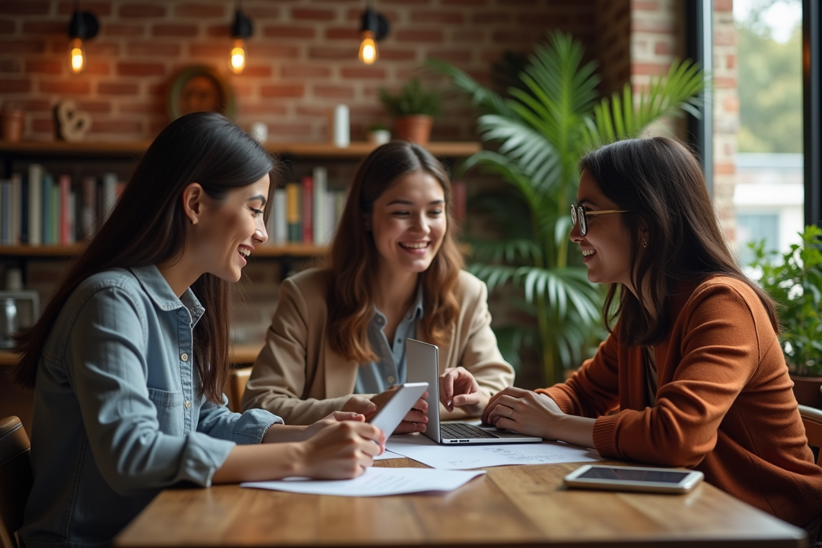 Groupe de jeunes adultes discutant dans un café chaleureux
