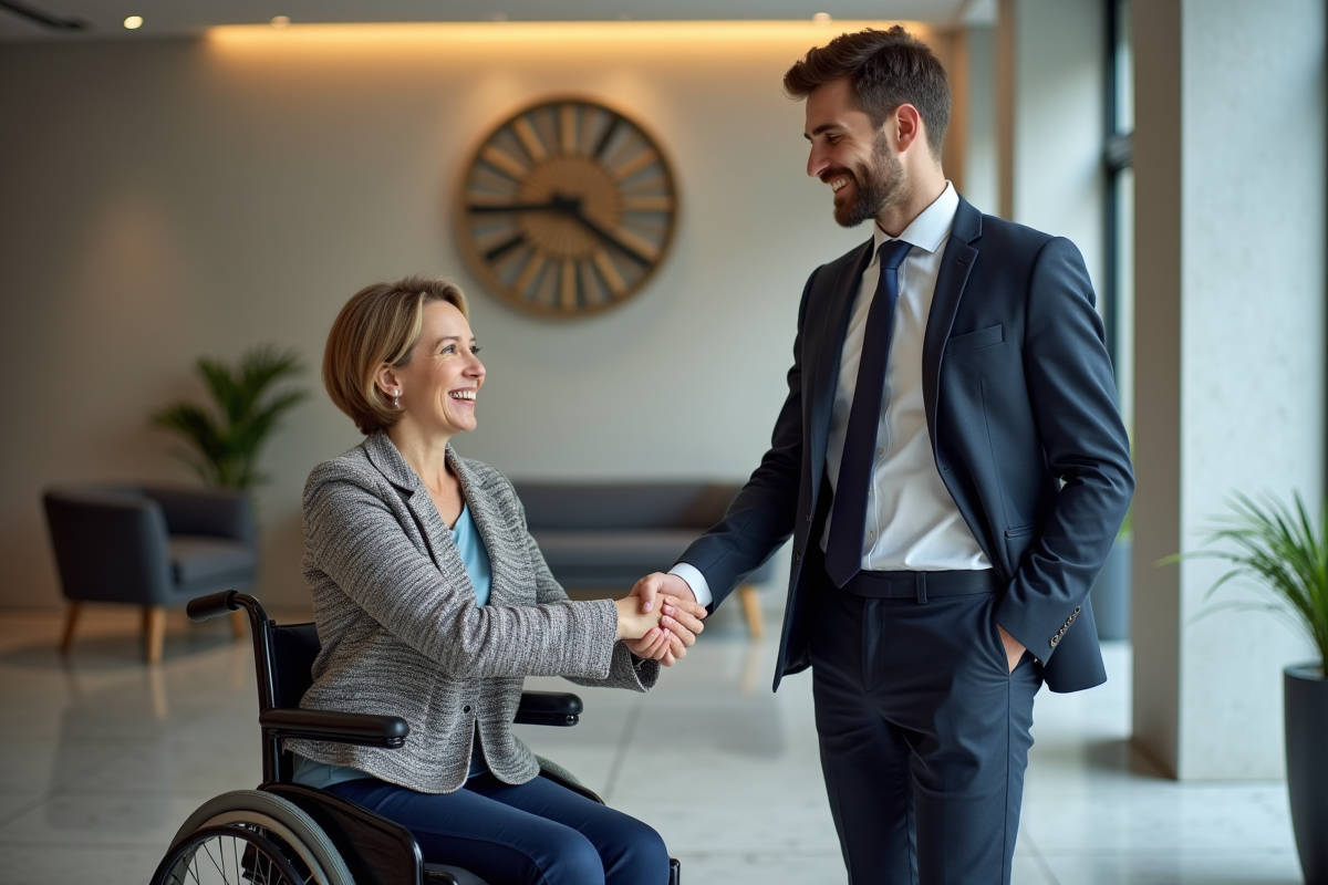 Femme en fauteuil et jeune homme se serrant la main