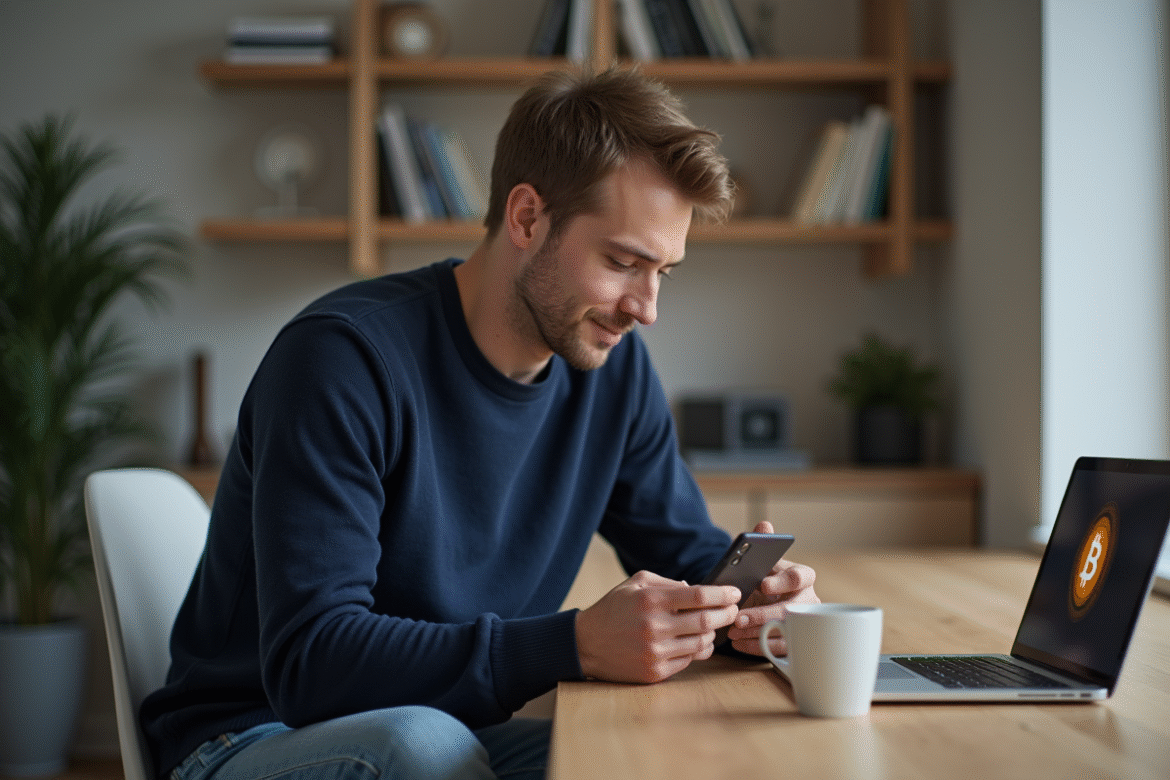Homme d'affaires au bureau vérifiant son smartphone avec symbole bitcoin