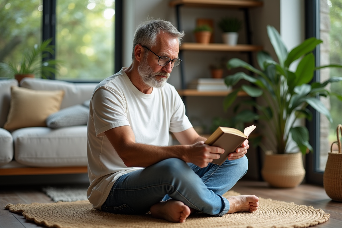 Homme lisant un livre sur le soin de la peau à la maison