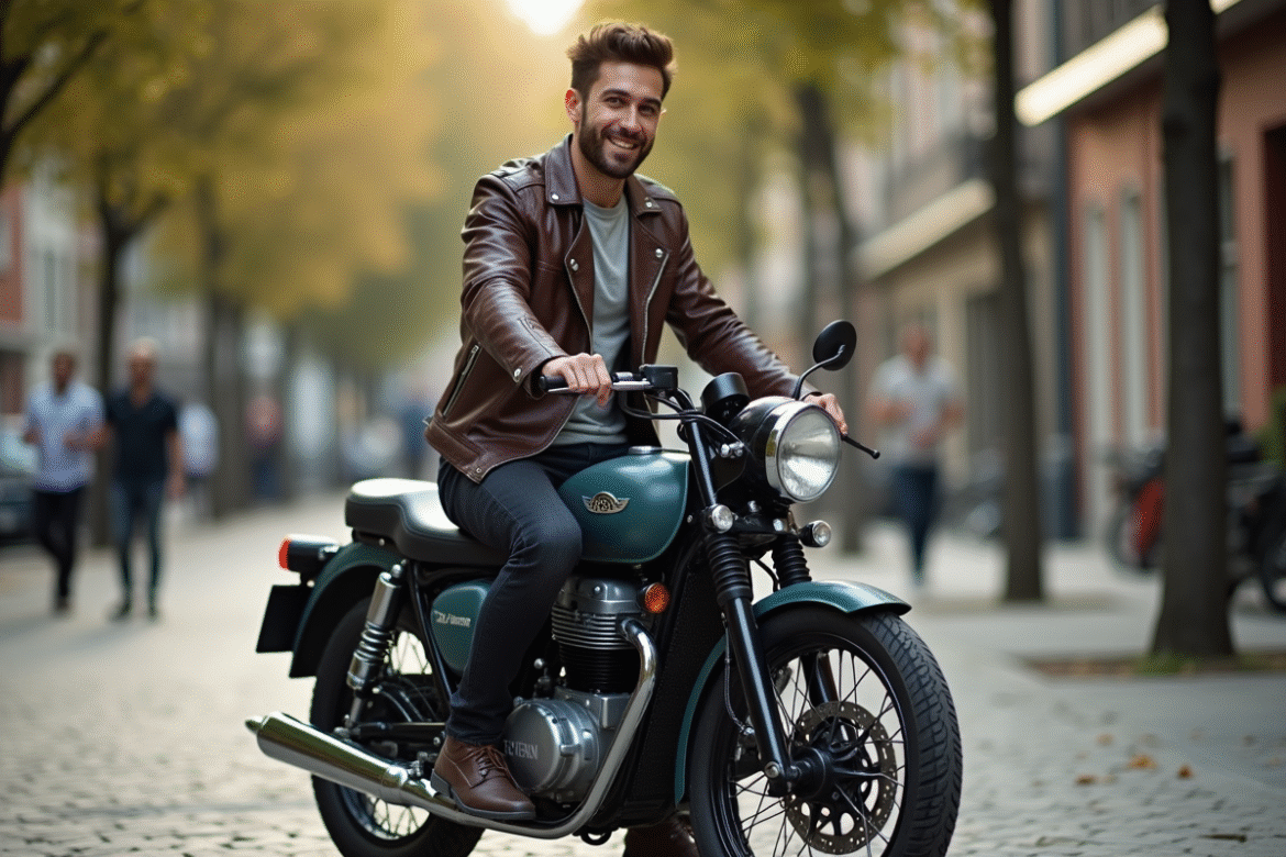 Homme en cuir assis sur une moto rétro dans une ville historique