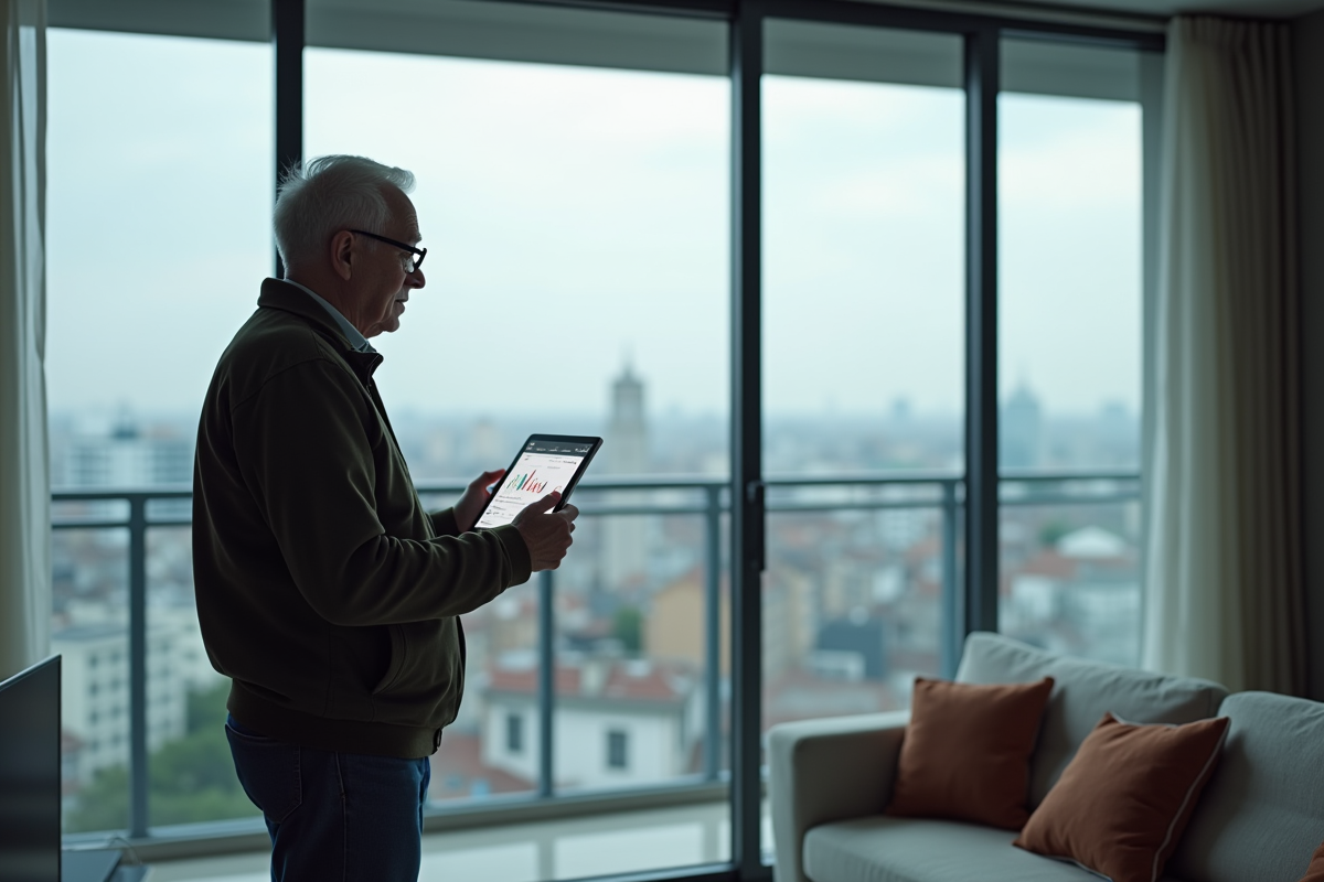 Homme âgé observant des graphiques de taux hypothécaires à la fenêtre