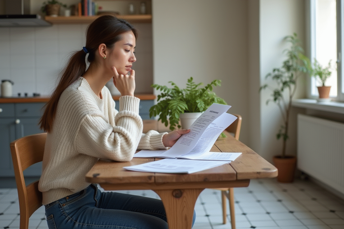 Jeune femme examine des documents de prêt étudiant dans une cuisine française