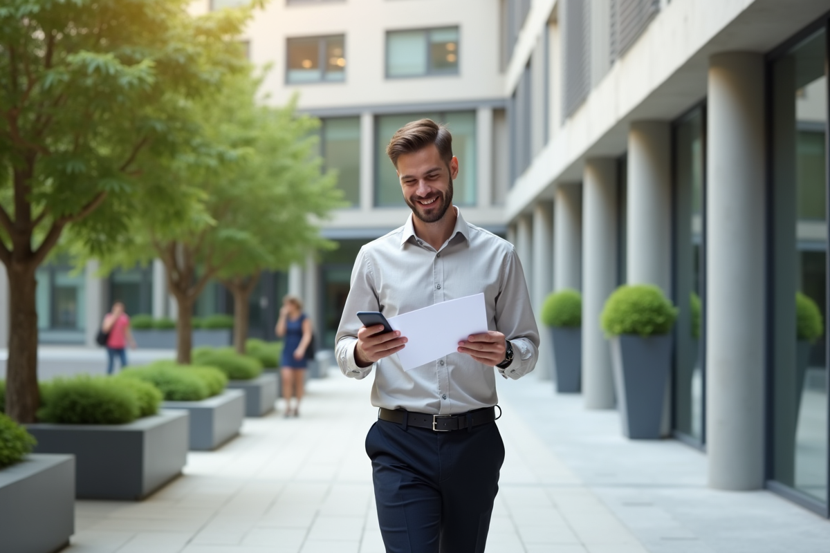 Jeune homme marche avec un document prêt étudiant dans un campus universitaire français