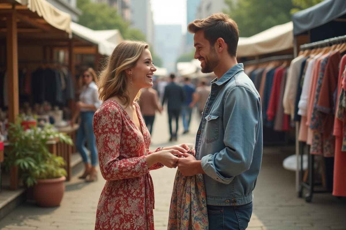 Jeune couple échangeant des vêtements vintage au marché