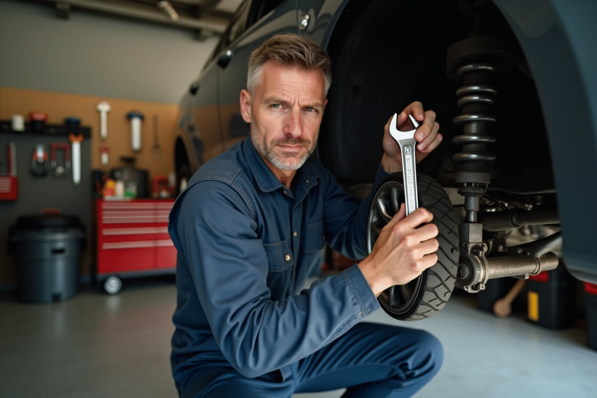 Homme en combinaison travaillant sur suspension voiture