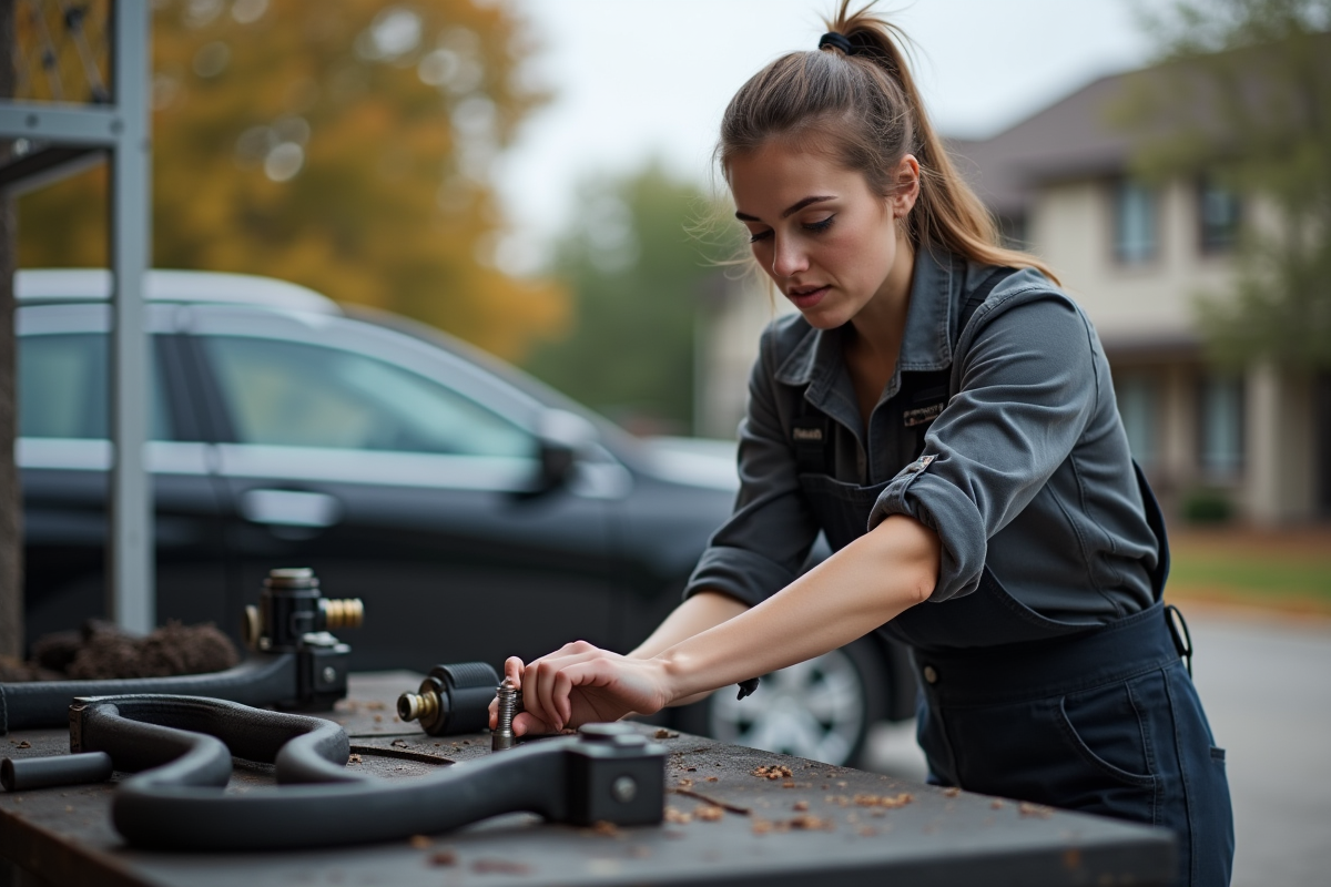 Femme en overalls posant silentbloc sur bras de contrôle