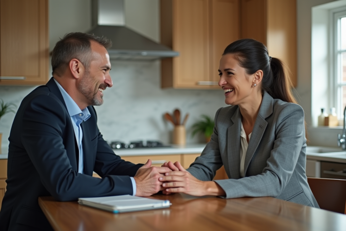 Un couple en tenue décontractée discute dans une cuisine moderne