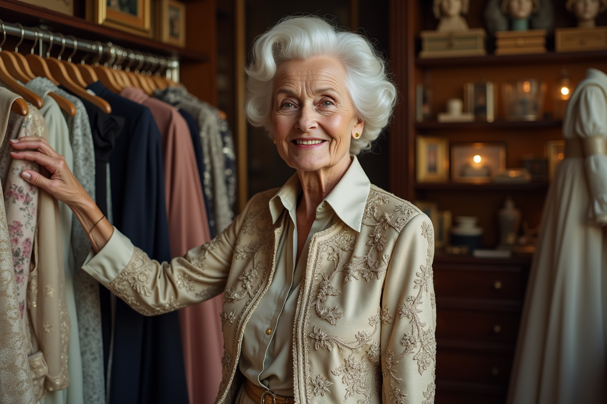 Couturiere âgée dans archive de mode ancienne