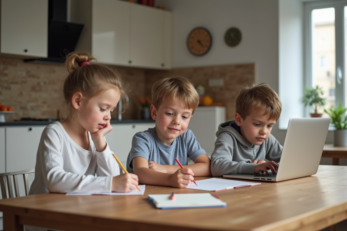 Trois enfants à la table en cuisine lumineuse et chaleureuse