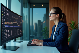 Femme d'affaires analysant des données blockchain sur un grand écran