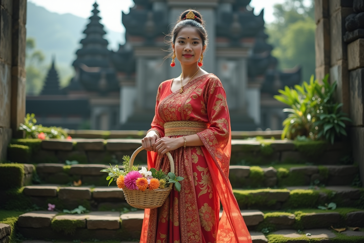 Femme balinaise en kebaya portant des offrandes devant le temple
