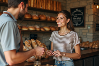 Jeune femme souriante dans une boulangerie traditionnelle