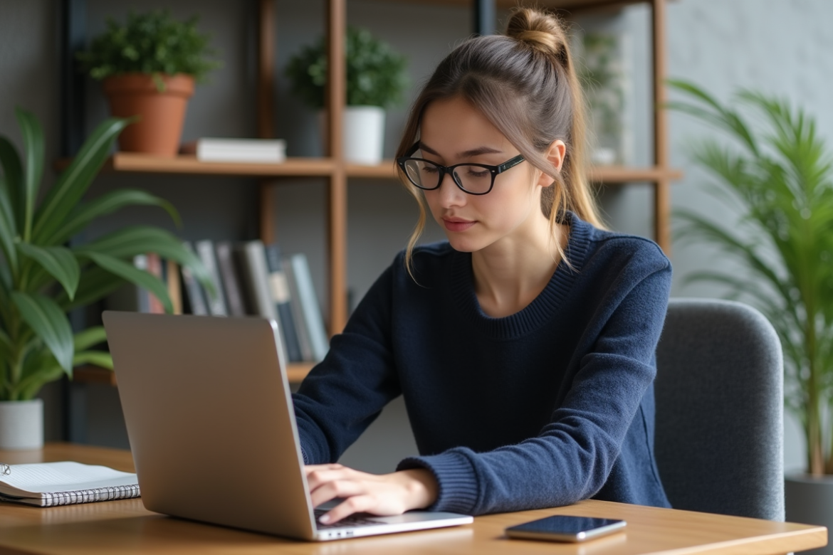 Jeune femme concentrée sur son ordinateur dans un bureau moderne