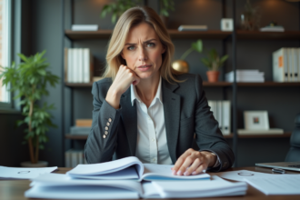 Femme d'affaires réfléchissant à son bureau organisé