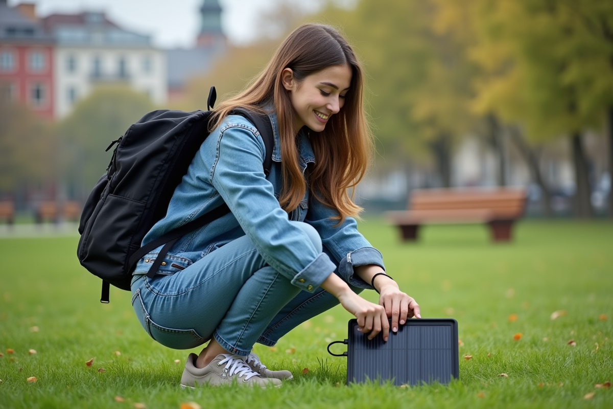 Jeune femme connecte une batterie solaire en plein air