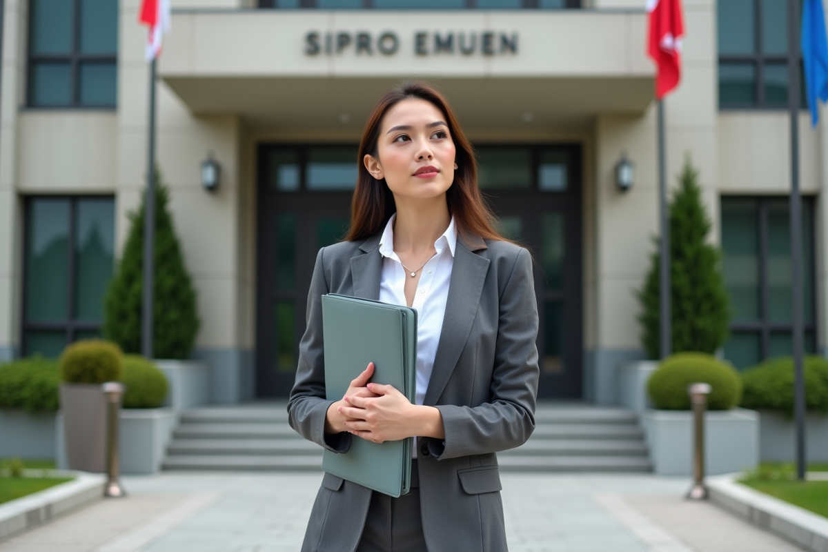 Jeune femme professionnelle devant une ambassade urbaine