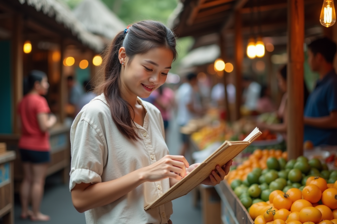 Jeune femme souriante au marché de Bali en plein air