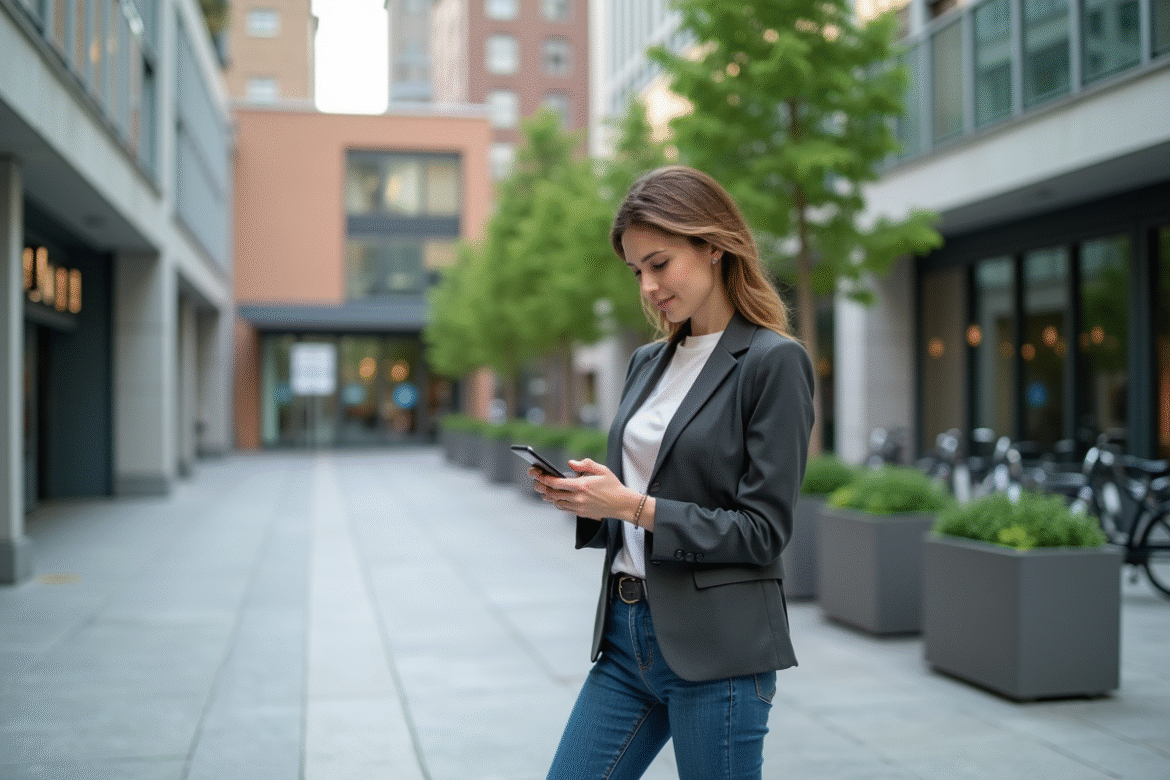 Femme urbaine en blazer regardant son téléphone