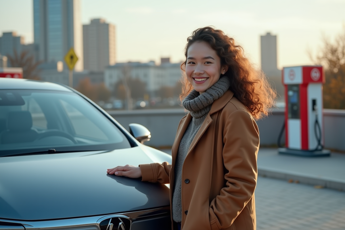 Jeune femme devant une voiture a hydrogene en ville