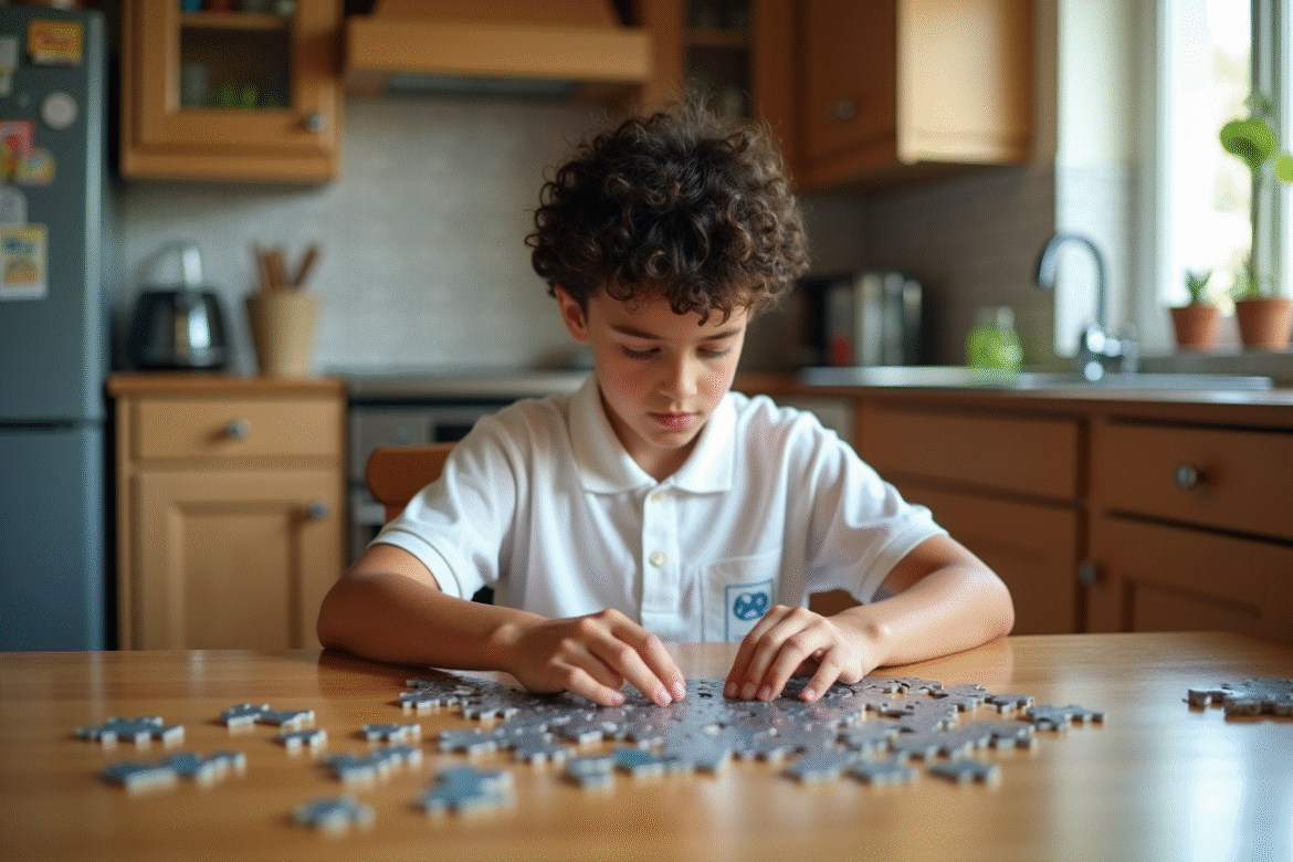 Garçon de 10 ans assemble un puzzle dans la cuisine familiale