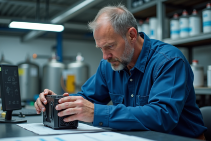 Ingénieur homme ajustant une pile a hydrogene en laboratoire