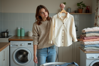 Jeune femme en sweater vintage tient une blouse dans une buanderie