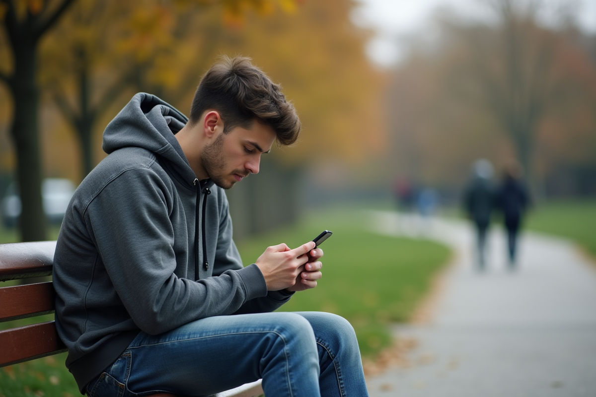 Jeune homme seul sur un banc de parc en pleine ville
