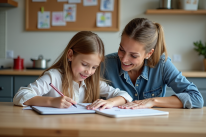 Femme aidant sa fille à faire ses devoirs à la maison
